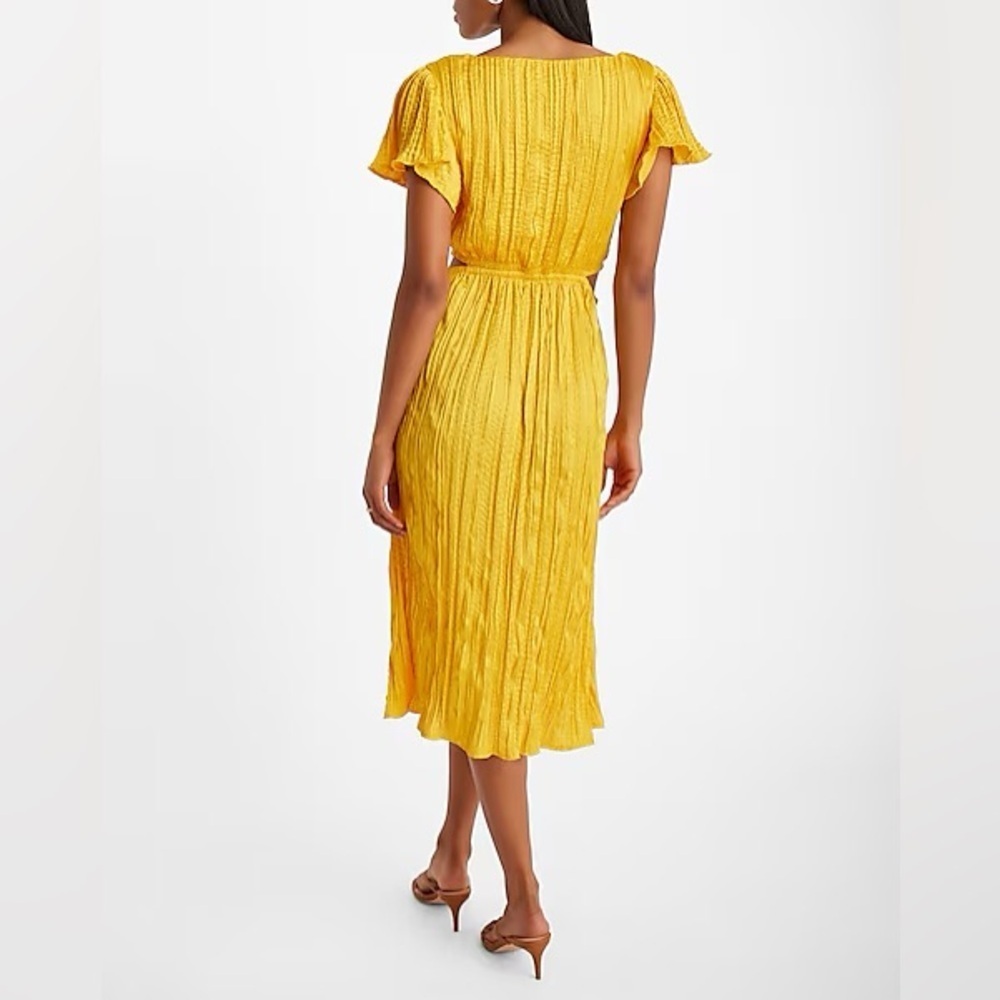 Satin V-Neck Flutter Sleeve Pleated Cutout Midi Dress - Picture 3 of 5
